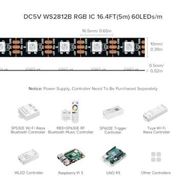 BTF-LIGHTING WS2812B IC RGB 5050SMD Pure Gold Individual Addressable LED Strip 16.4FT 300LED 60Pixel/m Flexible Full Color IP30 DC5V for DIY Chasing Color Project(No Adapter or Controller)
