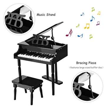 Goplus 30-Key Classical Kids Piano, Mini Grand Piano Wooden Learn-to-Play Musical Instrument Toy with Bench, Piano Lid, Music Rack, Gift for Boys Girls Aged 2+ Baby Tollder(3 Straight Leg-Black)
