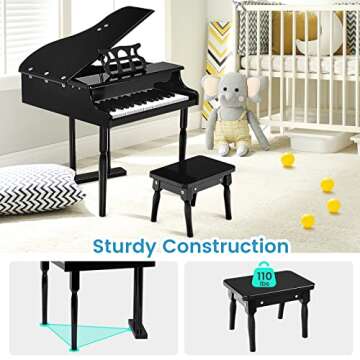 Goplus 30-Key Classical Kids Piano, Mini Grand Piano Wooden Learn-to-Play Musical Instrument Toy with Bench, Piano Lid, Music Rack, Gift for Boys Girls Aged 2+ Baby Tollder(3 Straight Leg-Black)