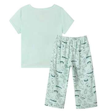 YIJIU Comfy Women Pajamas Set - Cute Cat Print Capri Pants