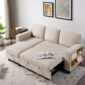 RedLemon 80”Sleeper Sofa Bed,L-Shaped Convertible Sectional Couch Bed with Storage Chaise,2 Built-in Bookshelves and USB Charging Port - Beige