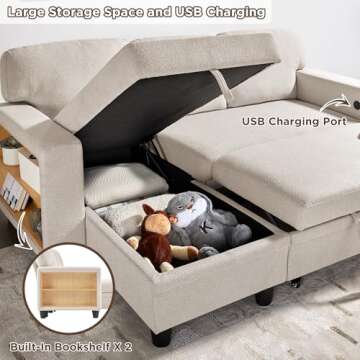 RedLemon 80”Sleeper Sofa Bed,L-Shaped Convertible Sectional Couch Bed with Storage Chaise,2 Built-in Bookshelves and USB Charging Port - Beige