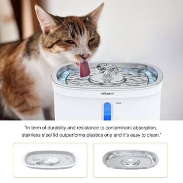 Vekonn Cat Water Fountain with Stainless Steel Top, 2.5L Pet Water Fountain with Led Light and Water Level Window
