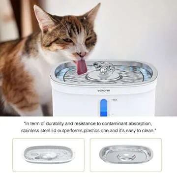 Vekonn Cat Water Fountain with Stainless Steel Top, 2.5L Pet Water Fountain with Led Light and Water Level Window