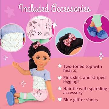 Glitter Girls – Soo Ji 14-inch Poseable Fashion Doll – Black Hair & Hazel Eyes —Hearts Outfit with Blue Glitter Shoes – Toys, Clothes, and Accessories for Kids Ages 3+