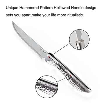 dearithe Steak Knives Set of 6, Serrated Stainless Steel Sharp Blade Flatware Steak Knife Set,4.5 In,Dishwasher Safe