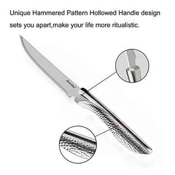 dearithe Steak Knives Set of 6, Serrated Stainless Steel Sharp Blade Flatware Steak Knife Set,4.5 In,Dishwasher Safe