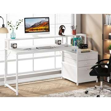 Tribesigns 63 Inch Computer Desk with File Drawer Cabinet, Ergonomic Office Desk with Monitor Stand, Computer Table with Printer Space, Wood PC Table Workstation Desk for Home Office, White