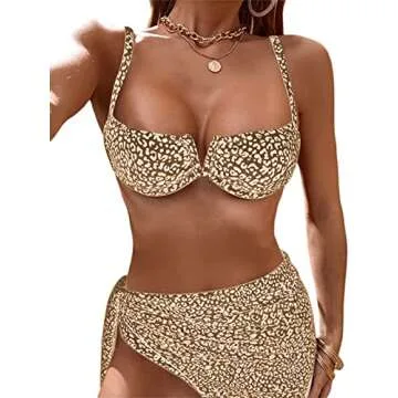 Hilinker Women's Criss Cross Halter Bikini Set Tie Side 3 Piece Swimsuit with Coverup Beach Skirt Coffee Small