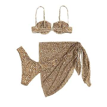 Hilinker Women's Criss Cross Halter Bikini Set Tie Side 3 Piece Swimsuit with Coverup Beach Skirt Coffee Small