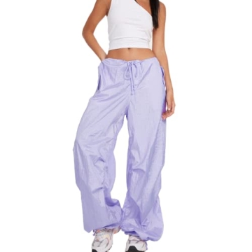 NUFIWI Women Baggy Wide Leg Cargo Pants Low Waist Drawstring Sweatpants Summer Casual Jogger Trousers(Solid Purple,Small)