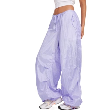 NUFIWI Women Baggy Wide Leg Cargo Pants Low Waist Drawstring Sweatpants Summer Casual Jogger Trousers(Solid Purple,Small)