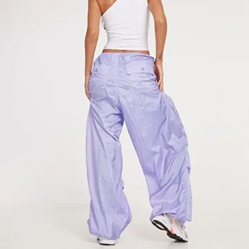 NUFIWI Women Baggy Wide Leg Cargo Pants Low Waist Drawstring Sweatpants Summer Casual Jogger Trousers(Solid Purple,Small)