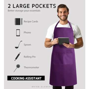 Syntus 2 Pack Adjustable Bib Apron Waterdrop Resistant with 2 Pockets Cooking Kitchen Aprons for BBQ Drawing, Women Men Chef, Purple