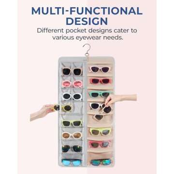 BAGSMART Hanging Jewelry Organizer, Dust Proof Sunglasses Storage Case Wall Mounted, Travel Dual Sided Glasses Case Multiple Pairs, Eyeglasses Holder with 32 Clear Slots & Metal Hook, Grey