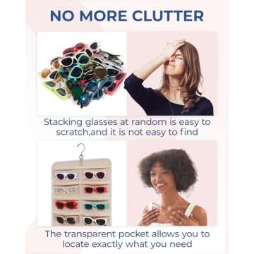 BAGSMART Hanging Jewelry Organizer, Dust Proof Sunglasses Storage Case Wall Mounted, Travel Dual Sided Glasses Case Multiple Pairs, Eyeglasses Holder with 32 Clear Slots & Metal Hook, Grey