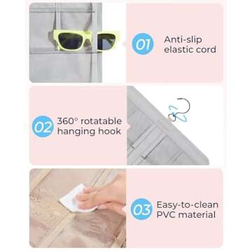 BAGSMART Hanging Jewelry Organizer, Dust Proof Sunglasses Storage Case Wall Mounted, Travel Dual Sided Glasses Case Multiple Pairs, Eyeglasses Holder with 32 Clear Slots & Metal Hook, Grey