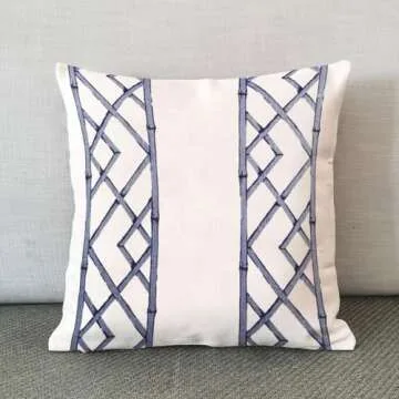 Blue and White Geometric Latticely Ultramarine 18x18 Throw Pillow Cover Zipper Bamboo Trellis Decora...