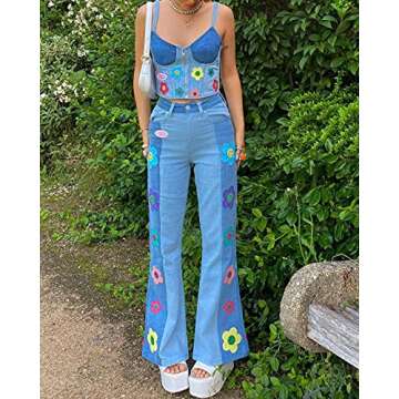 KMBANGI Women’s High Waisted Wide Leg Pants Straight Denim Jeans Casual Baggy Trousers Y2K Streetwear Fashion(A Flower Blue,S)