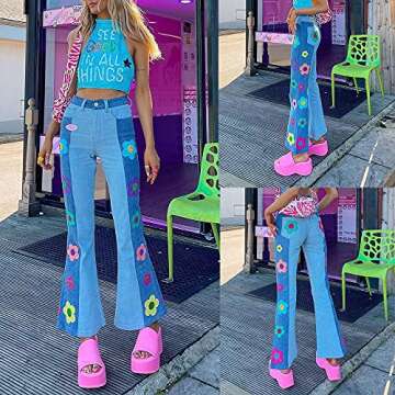 KMBANGI Women’s High Waisted Wide Leg Pants Straight Denim Jeans Casual Baggy Trousers Y2K Streetwear Fashion(A Flower Blue,S)