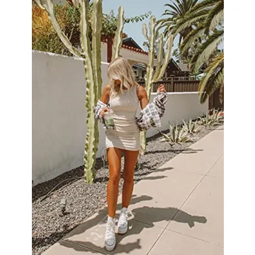 BTFBM Women Sleeveless Bodycon Ruched Short Dress Side Drawstring Solid Crew Neck Casual Summer Tank Shirt Mini Dresses (Beige, Medium)