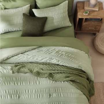 CASAAGUSTO King Size Comforter Set, 7 Pieces Sage Green Seersucker Bed in a Bag King Soft All Season...
