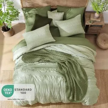 CASAAGUSTO King Size Comforter Set, 7 Pieces Sage Green Seersucker Bed in a Bag King Soft All Seasons, King Bedding Sets with Comforter, Flat Sheet, Fitted Sheet, 2 Pillow Shams, 2 Pillowcases
