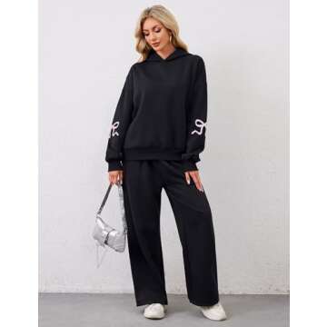 Livtany Women's 2 Piece Outfits Bow Trim Print Hoodie Sweatsuit Sets Oversized Sweatshirt Wide Leg Sweatpants With Pockets