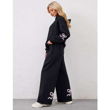 Livtany Women's 2 Piece Outfits Bow Trim Print Hoodie Sweatsuit Sets Oversized Sweatshirt Wide Leg Sweatpants With Pockets