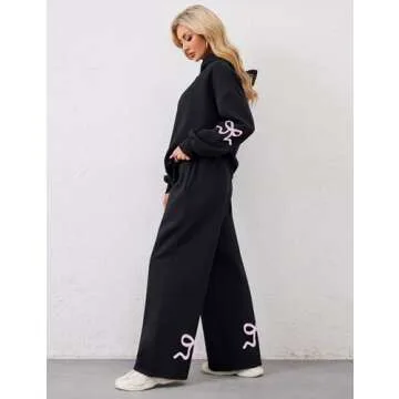 Livtany Women's 2 Piece Outfits Bow Trim Print Hoodie Sweatsuit Sets Oversized Sweatshirt Wide Leg Sweatpants With Pockets