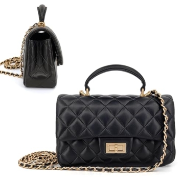 M-ioi-M Small Quilted Crossbody Bags for Women, Genuine Leather Shoulder Bags with Gold Chain Strap, Soft Lambskin Top Handle Flap Purses, Trendy Luxury Designer Lady Dressy Evening Handbags (Black)