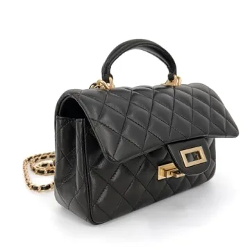 M-ioi-M Small Quilted Crossbody Bags for Women, Genuine Leather Shoulder Bags with Gold Chain Strap, Soft Lambskin Top Handle Flap Purses, Trendy Luxury Designer Lady Dressy Evening Handbags (Black)
