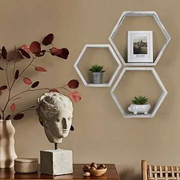 SEHERTIWY 3 Packs Hexagonal Floating Shelves, White Wood Farmhouse Storage Honeycomb Wall Shelf for Home Office
