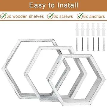 SEHERTIWY 3 Packs Hexagonal Floating Shelves, White Wood Farmhouse Storage Honeycomb Wall Shelf for Home Office