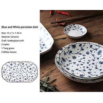Gegong 12 inch Fish Plate Blue and White Porcelain Dish Serving Plate Floral Dinner Shallow Plate Appetizer Salad Dessert Snack Plate (Tang Grass)