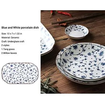 Gegong 12 inch Fish Plate Blue and White Porcelain Dish Serving Plate Floral Dinner Shallow Plate Appetizer Salad Dessert Snack Plate (Tang Grass)