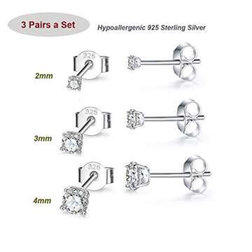 Hypoallergenic Sterling Silver Cubic Zirconia CZ Stud Earrings Set for Womens Mens, 3 Pairs Small Ro...