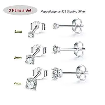 Hypoallergenic Sterling Silver Cubic Zirconia CZ Stud Earrings Set for Womens Mens, 3 Pairs Small Ro...