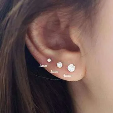 Hypoallergenic Sterling Silver Cubic Zirconia CZ Stud Earrings Set for Womens Mens, 3 Pairs Small Round Simulated Diamond Studs for Cartilage Tragus Multi Piercing Ears 2mm / 3mm / 4mm
