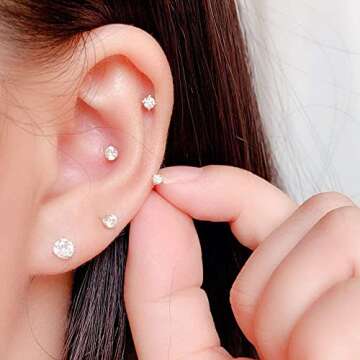 Hypoallergenic Sterling Silver Cubic Zirconia CZ Stud Earrings Set for Womens Mens, 3 Pairs Small Round Simulated Diamond Studs for Cartilage Tragus Multi Piercing Ears 2mm / 3mm / 4mm