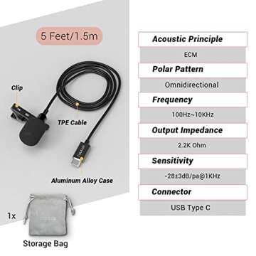 Cubilux USB C Microphone, Type C Lavalier MIC, External Lapel Clip MIC for iPhone 16/15 Pro Max, iPad Pro 13/12.9/11, iPad Air 13/5th/4th, Samsung S25/S24/S23/S22 Z Fold/Flip 6/5/4 Tab S10/S9/S8, 5 FT