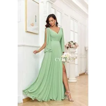 CYJJYZ Ruffle Sleeves Bridesmaid Dresses for Wedding 2024 V Neck Chiffon Formal Party Dress with Slit for Women Navy Blue US10