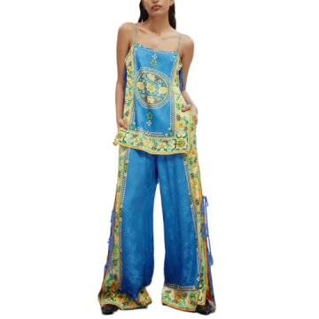 Faretumiya Women 2 Piece Tube Top Pants Set Satin Strapless Crop Top Wide Leg Pants Outfits Y2K Summ...