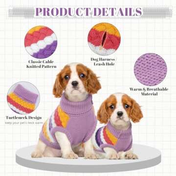 Kuoser Dog Sweater, Warm Dog Sweaters for Small Dogs Pet Christmas Clothing, Classic Cable Knitwear Cold Weather Thermal Pullover for Pug Dachshund Yorkie, Soft Puppy Turtleneck Sweatshirt, Purple S
