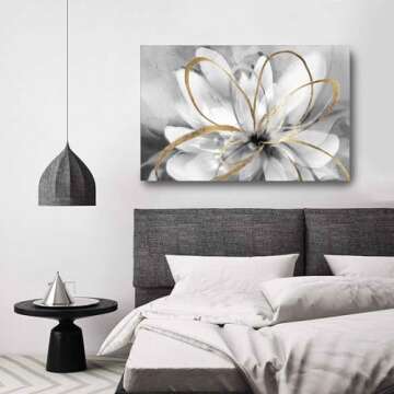 SOUGUAN White Floral Wall Decor Grey Background Modern Painting Wall Art 24"x36" Neutral Artwork Paintings for Bedroom Kitchen Pictures
