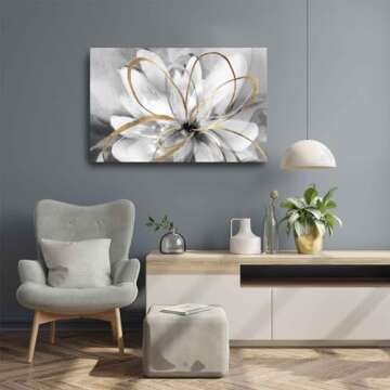 SOUGUAN White Floral Wall Decor Grey Background Modern Painting Wall Art 24"x36" Neutral Artwork Paintings for Bedroom Kitchen Pictures