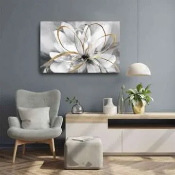 SOUGUAN White Floral Wall Decor Grey Background Modern Painting Wall Art 24"x36" Neutral Artwork Paintings for Bedroom Kitchen Pictures