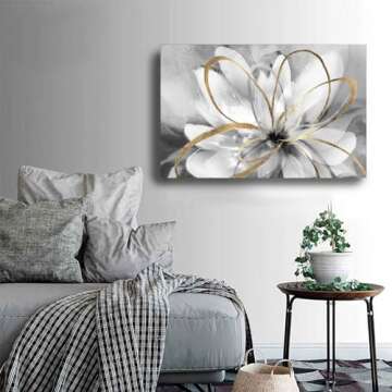 SOUGUAN White Floral Wall Decor Grey Background Modern Painting Wall Art 24"x36" Neutral Artwork Paintings for Bedroom Kitchen Pictures