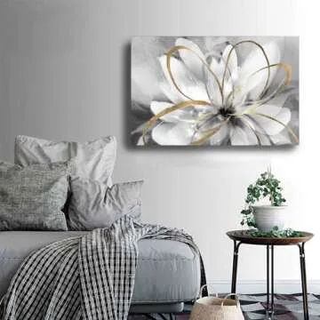 SOUGUAN White Floral Wall Decor Grey Background Modern Painting Wall Art 24"x36" Neutral Artwork Paintings for Bedroom Kitchen Pictures