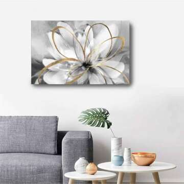 SOUGUAN White Floral Wall Decor Grey Background Modern Painting Wall Art 24"x36" Neutral Artwork Paintings for Bedroom Kitchen Pictures